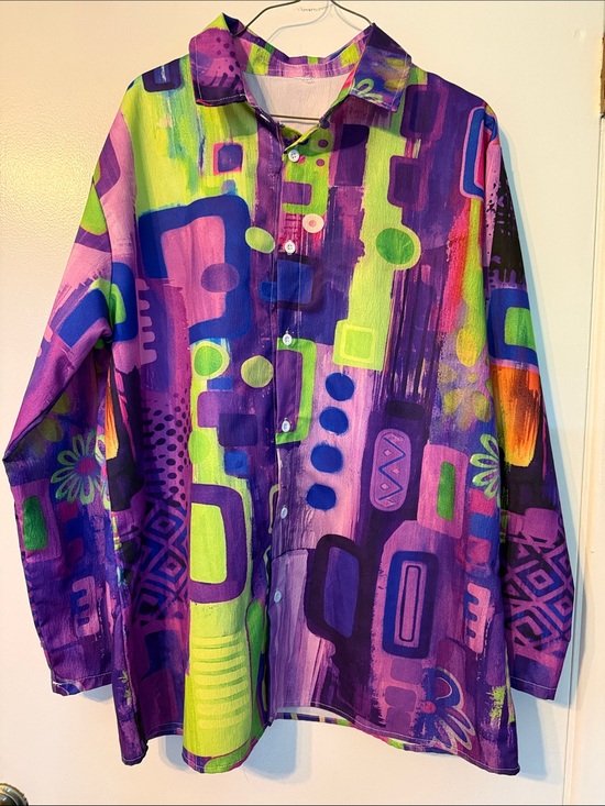 Tops - Womens Vibrant Purple & Lime Abstract Button-Up Shirt
